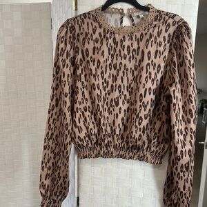 Brown and Cream Puff Sleeve Blouse with Animal Print